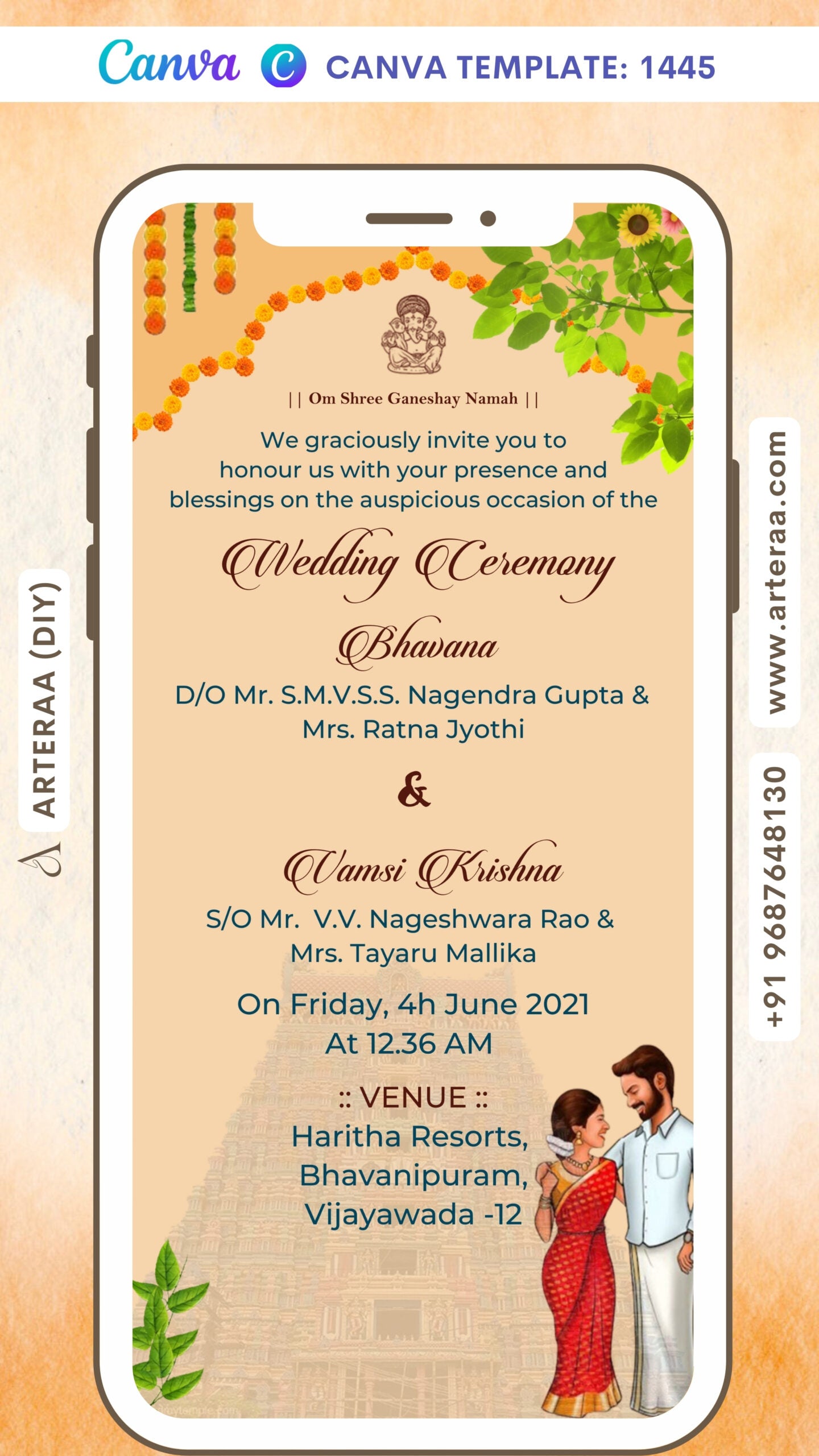 Wedding ceremony invitation card Canva Editable Template of hindu south indian telugu family in english language with traditional arch theme design 1445