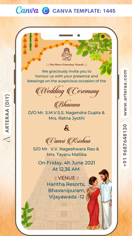 Wedding ceremony invitation card Canva Editable Template of hindu south indian telugu family in english language with traditional arch theme design 1445
