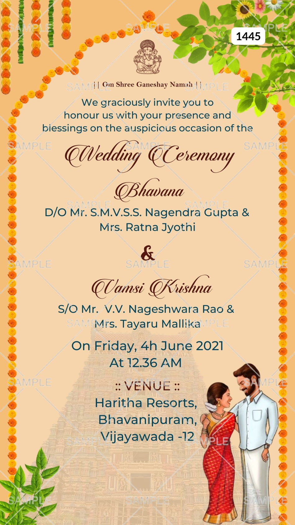 Wedding ceremony invitation card Canva Editable Template of hindu south indian telugu family in english language with  traditional arch theme design 1445
