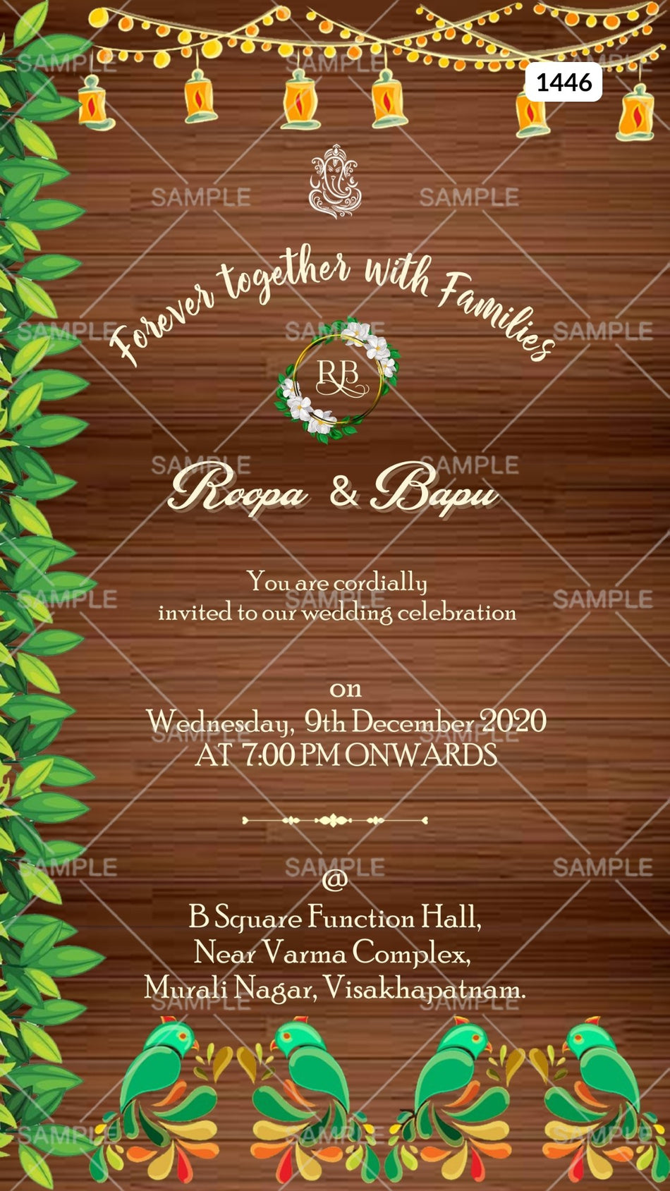 Wedding ceremony invitation card Canva Editable Template of hindu south indian telugu family in english language with wooden theme design 1446