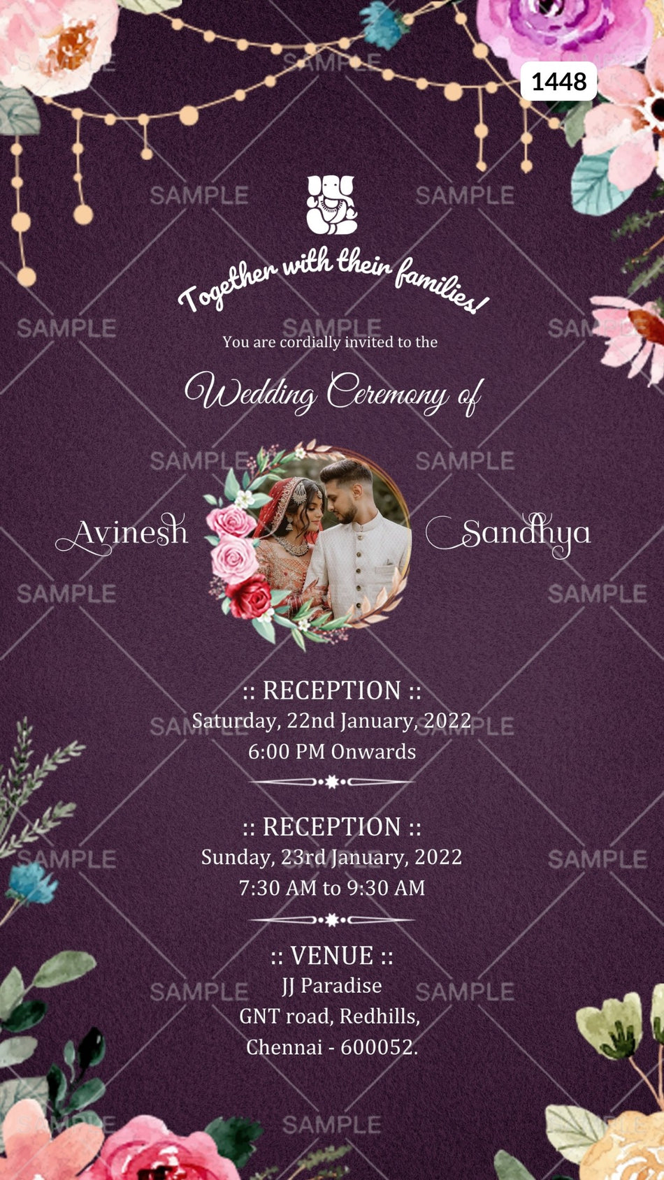 Wedding ceremony invitation card Canva Editable Template of hindu south indian tamil family in english language with floral theme design 1448