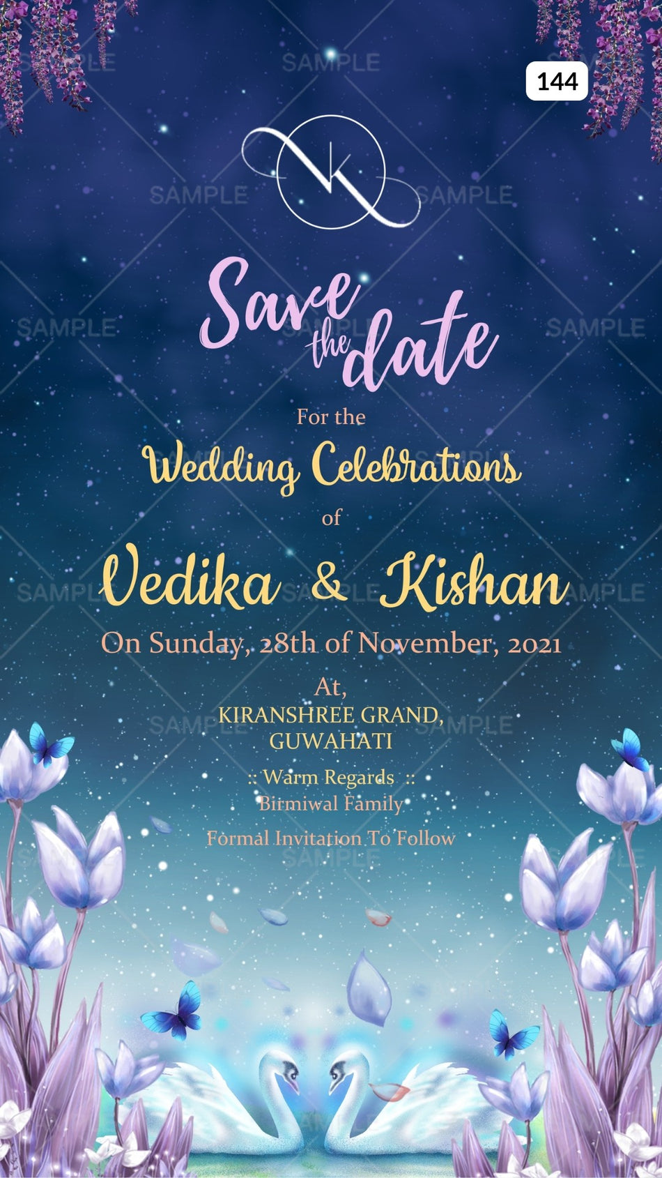 Save the Date card Canva Editable Template in english language with flowers, leaves as floral theme design 144