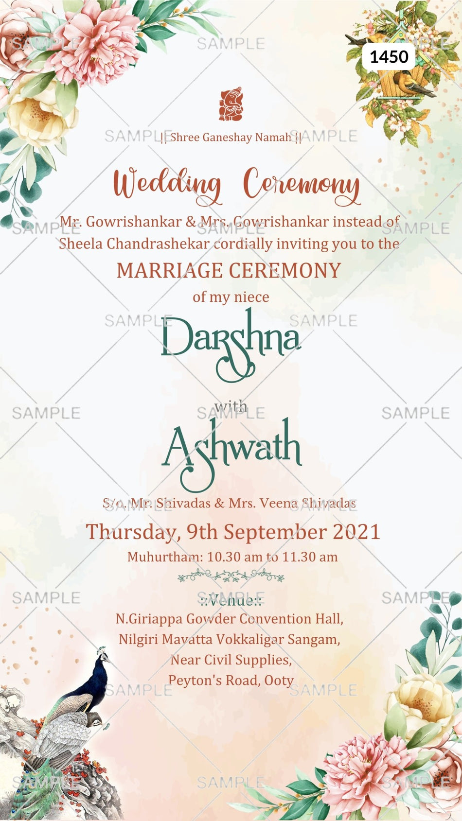 Wedding ceremony invitation card Canva Editable Template of hindu south indian tamil family in english language with floral theme design 1450
