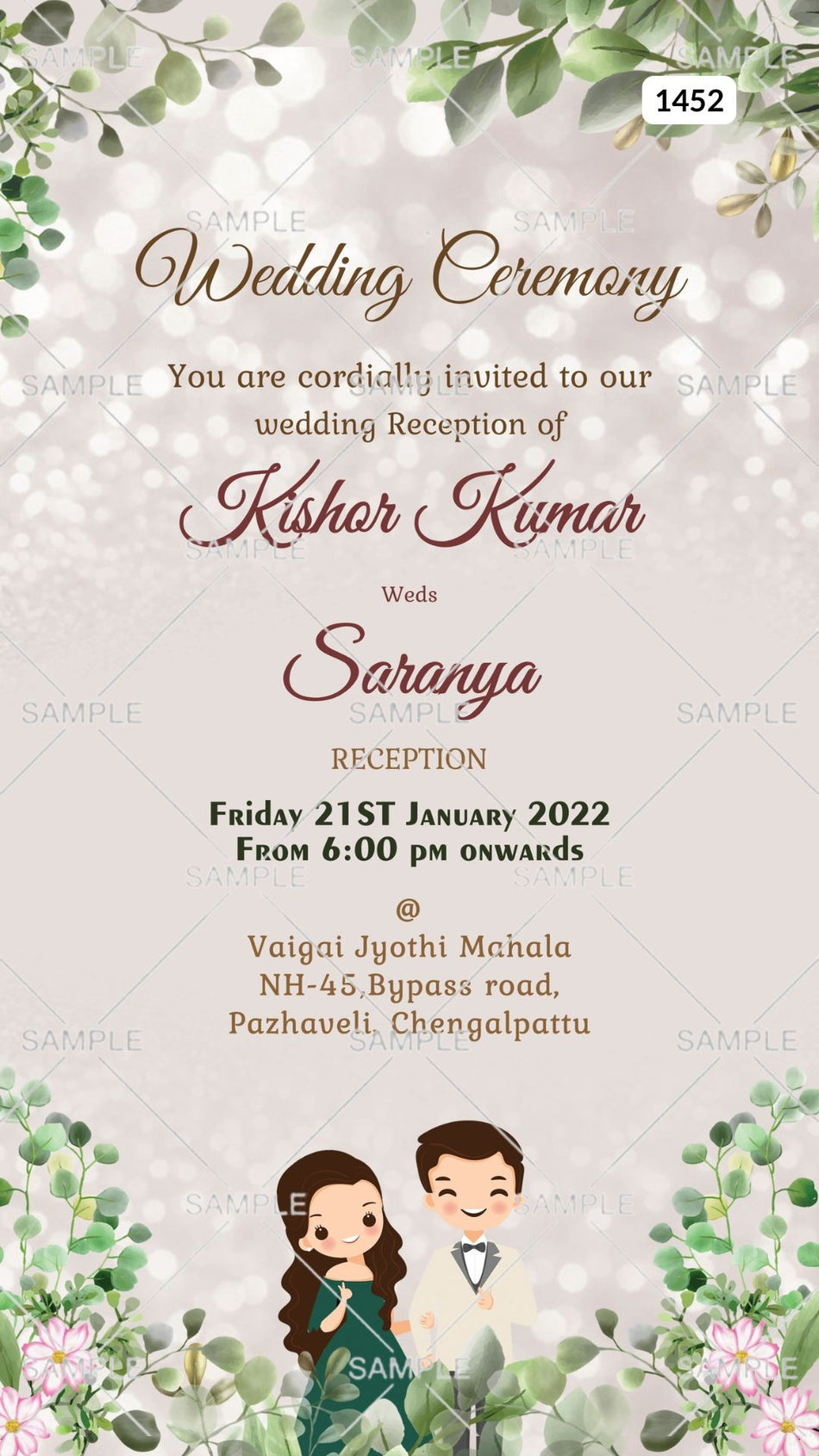 Wedding ceremony invitation card Canva Editable Template of hindu south indian tamil family in english language with  artistic leaves theme design 1452