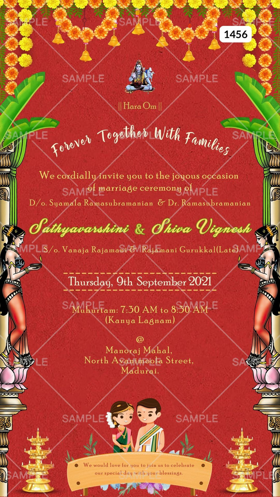 Wedding ceremony invitation card Canva Editable Template of hindu south indian tamil family in english language with traditional theme design 1456