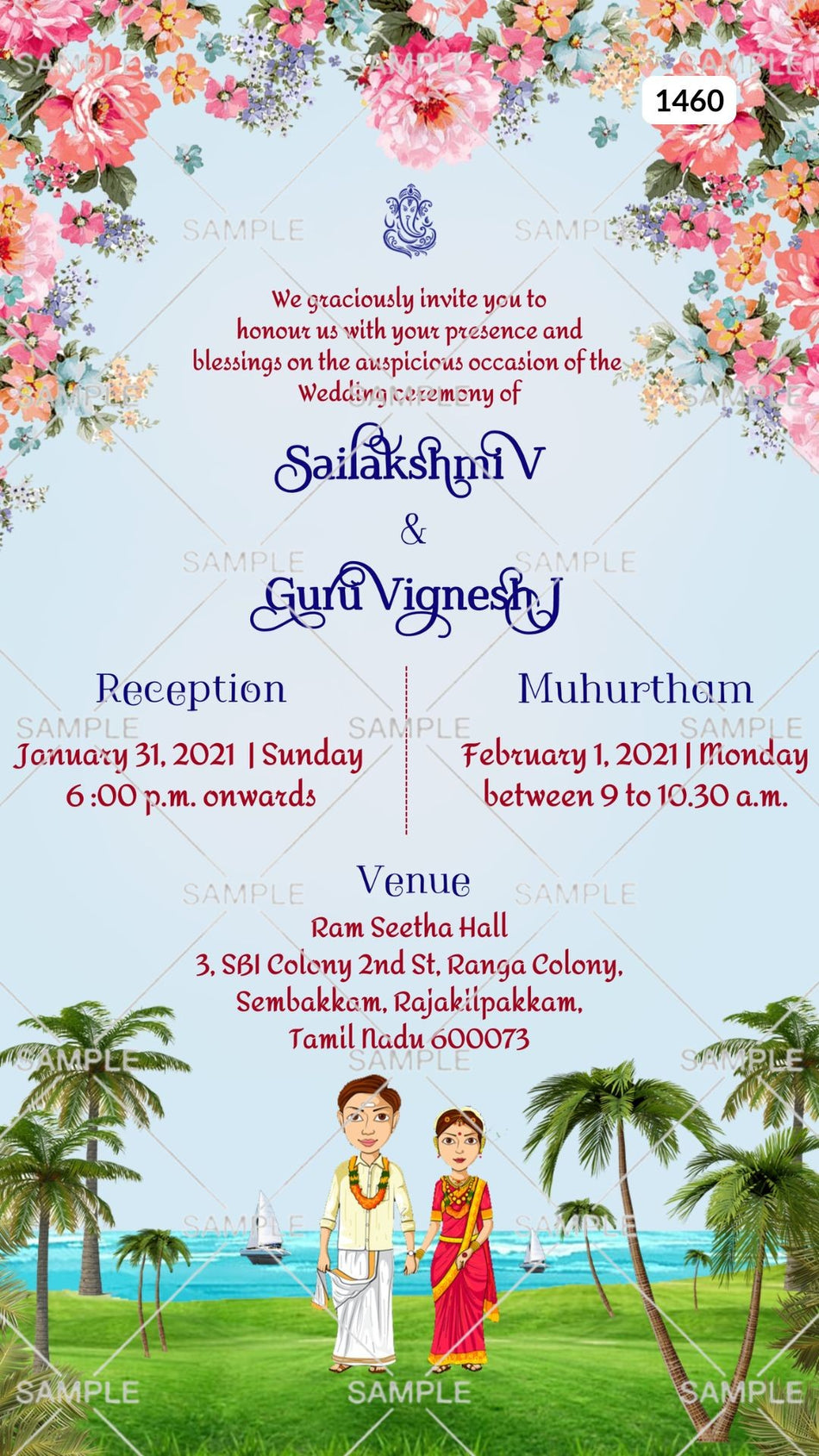 Reception Party invitation card Canva Editable Template in english language with flowers, couple doodle as beach theme design 1460