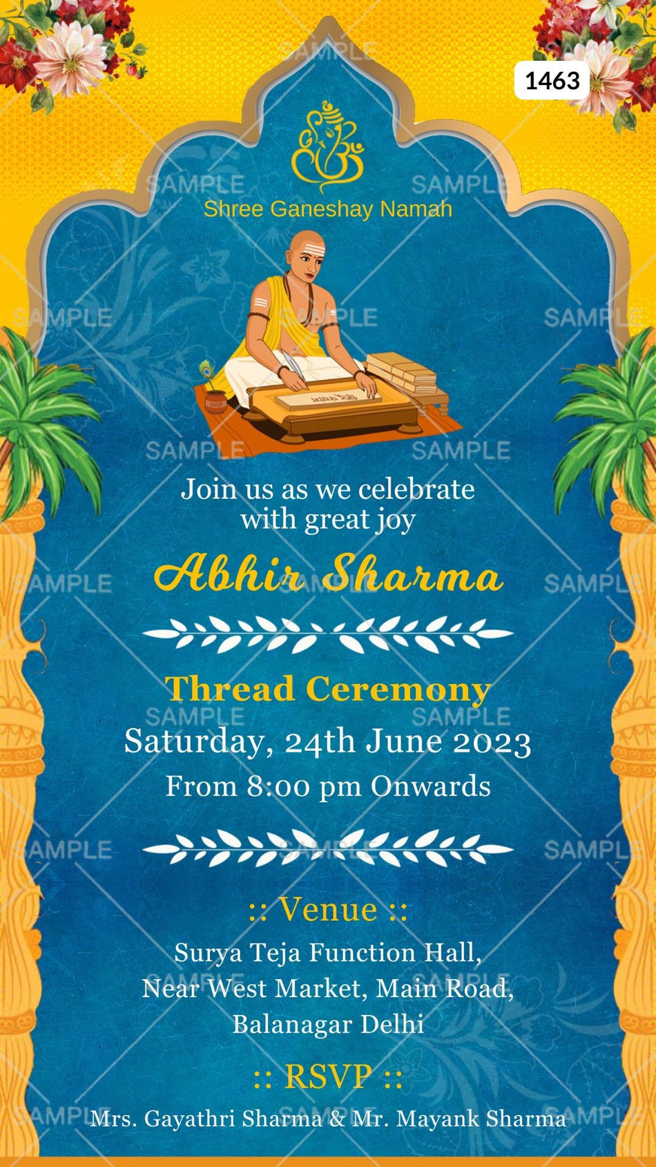 Thread ceremony invitation card Canva Editable Template in english language with doodle, flowers as traditional theme design 1463