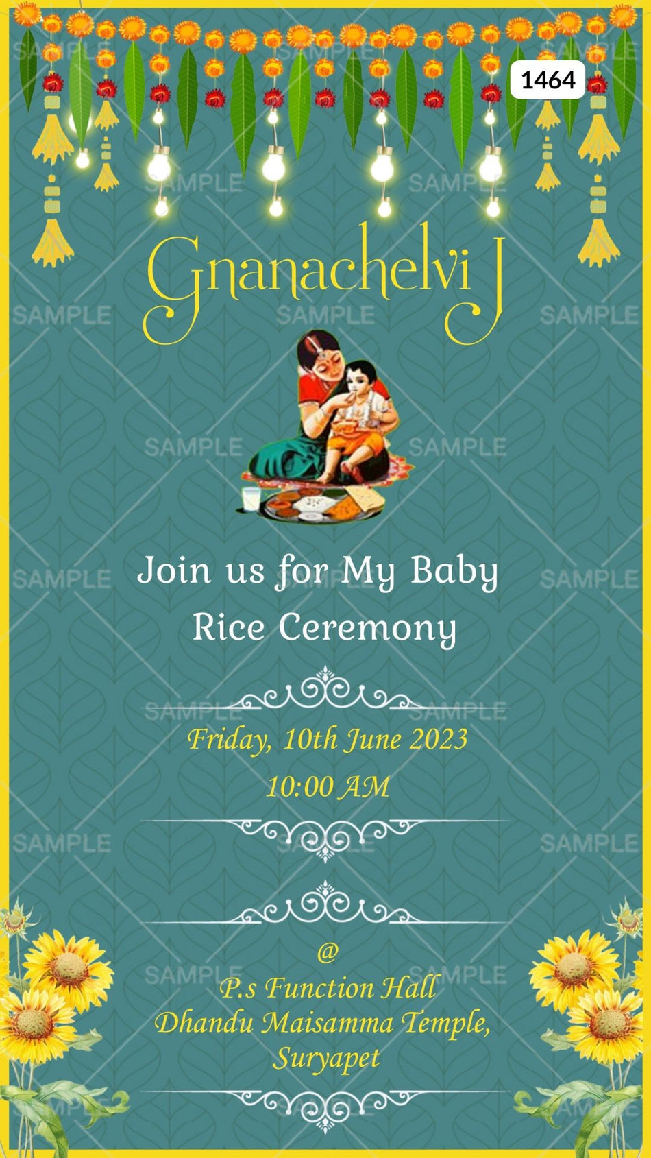 Annaprashan ceremony invitation card Canva Editable Template in english language with flowers, rice feeding doodle as minimalistic theme design 1464