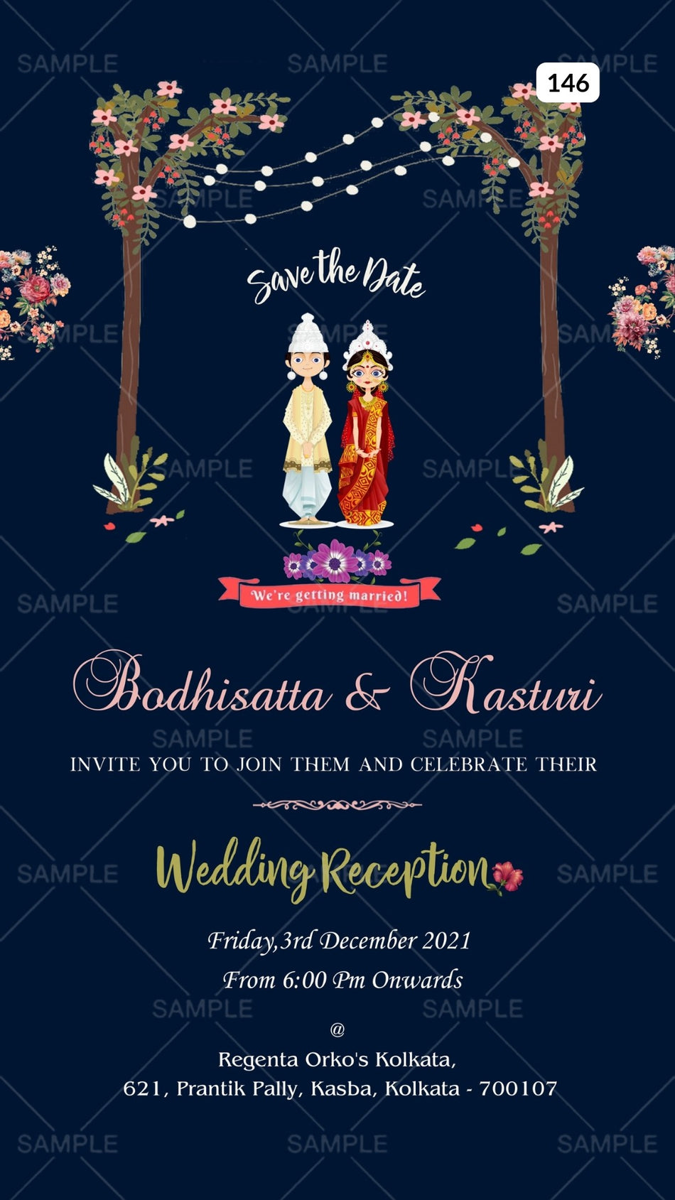 Wedding ceremony invitation card Canva Editable Template of hindu west bengal bengali family in english language with minimalistic theme design 146