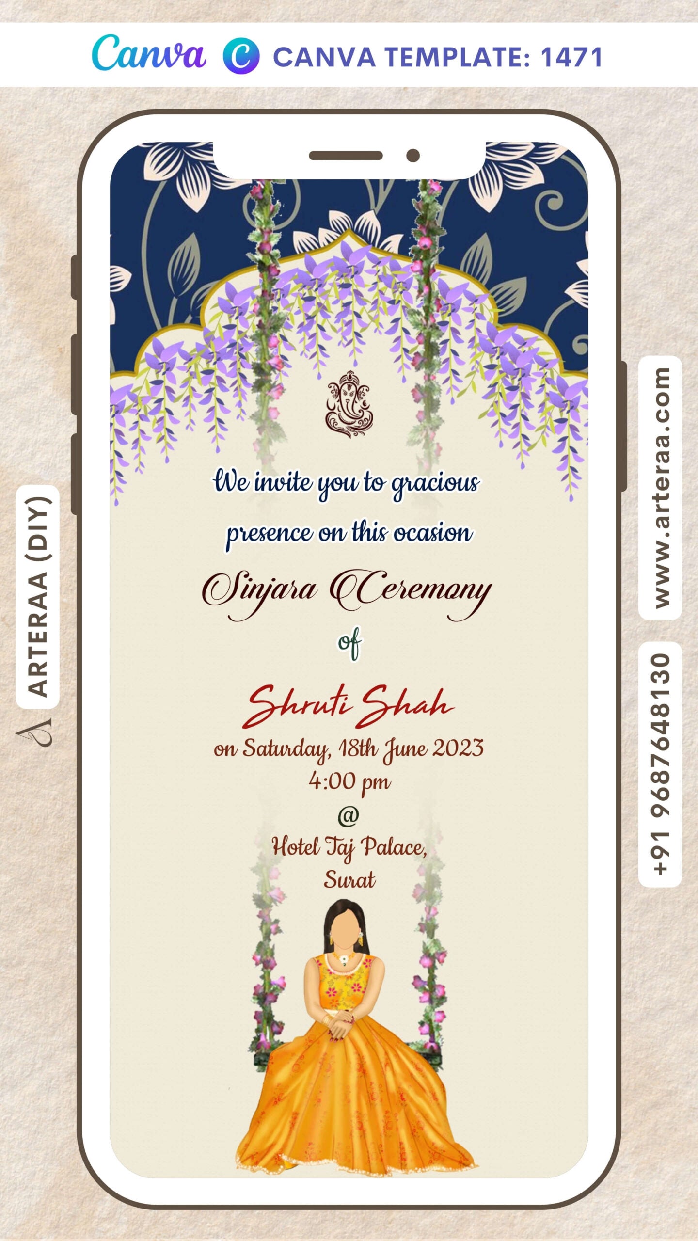 Sinjara ceremony invitation Canva Editable video Template in english language with girl doodle, flowers as arch frame theme design 1471