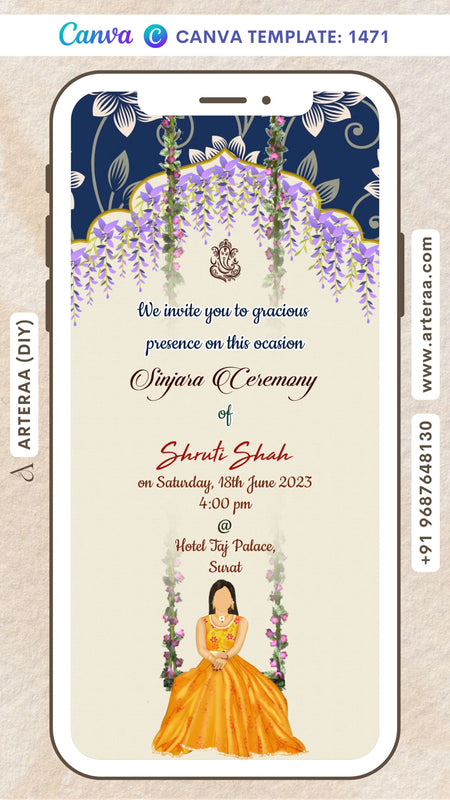 Sinjara ceremony invitation Canva Editable video Template in english language with girl doodle, flowers as arch frame theme design 1471