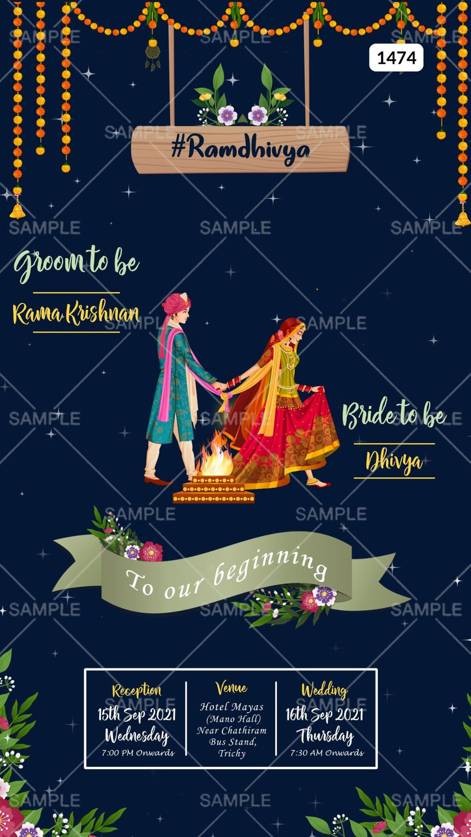 Wedding ceremony invitation card Canva Editable Template of hindu south indian tamil family in english language with  Night view theme design 1474
