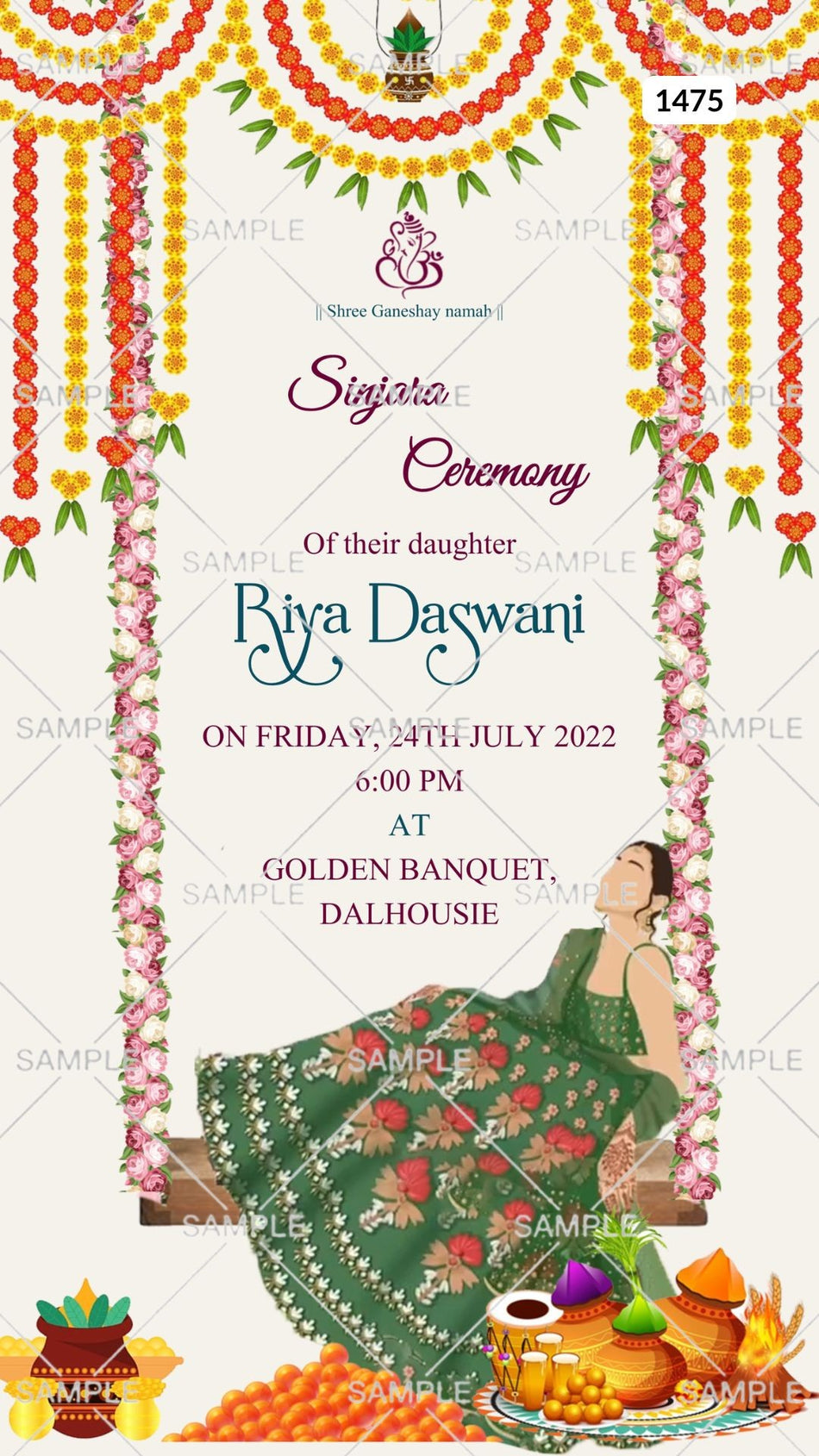 Sinjara ceremony invitation card Canva Editable Template in english language with marigold garland, girl doodle as traditional theme design 1475
