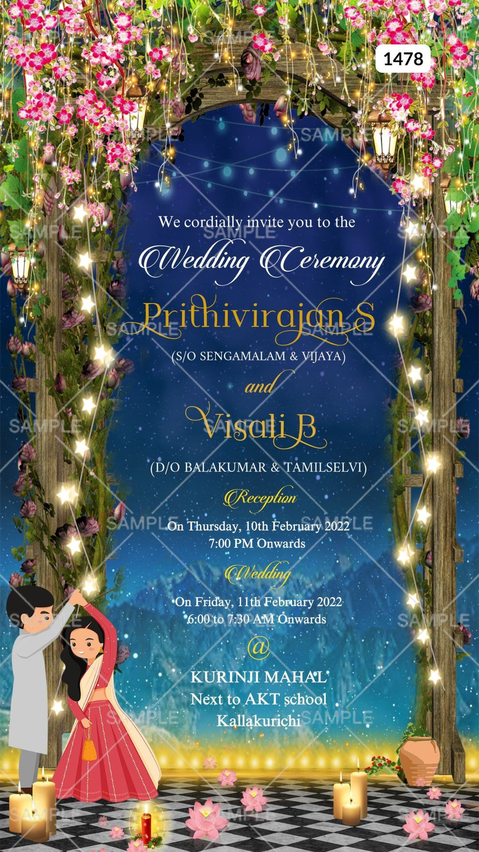 Wedding ceremony invitation card Canva Editable Template of hindu south indian tamil family in english language with  mountain shining theme design 1478