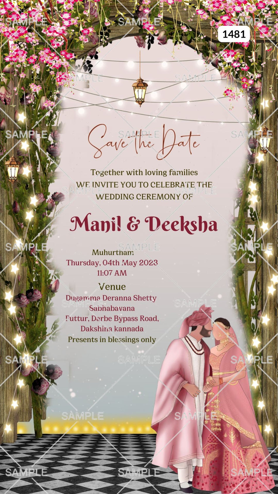wedding ceremony invitation card Canva Editable Template of hindu south indian Kannada family in english language with floral theme design 1481