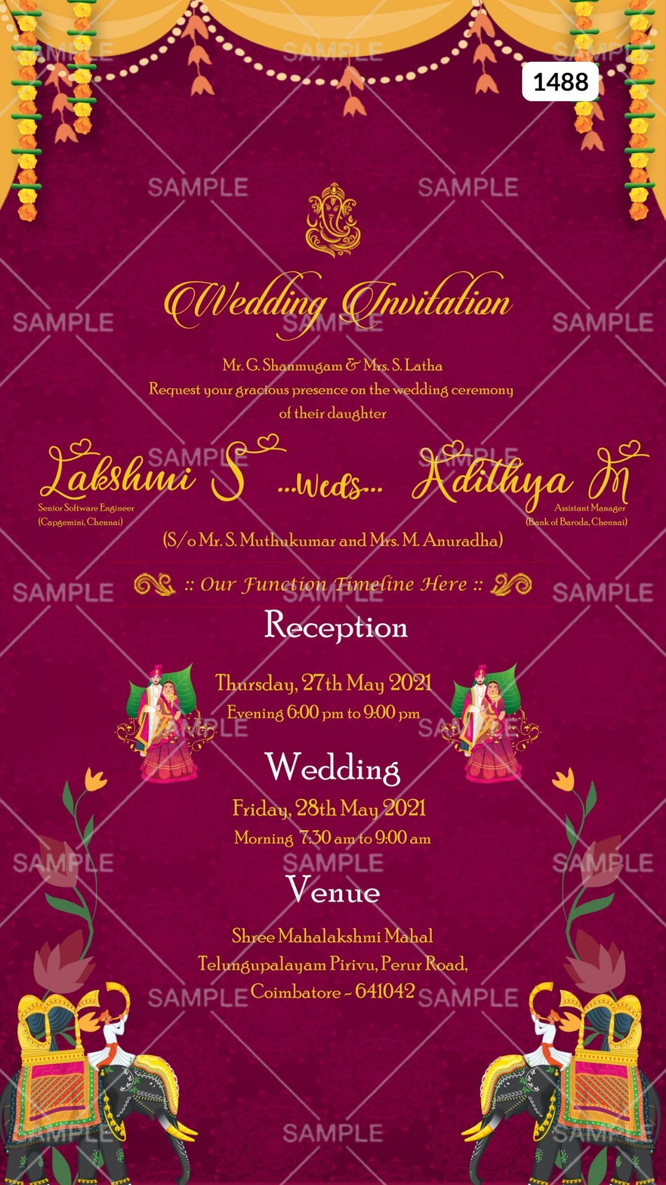 Wedding ceremony invitation card Canva Editable Template of hindu south indian tamil family in english language with  traditional theme design 1488