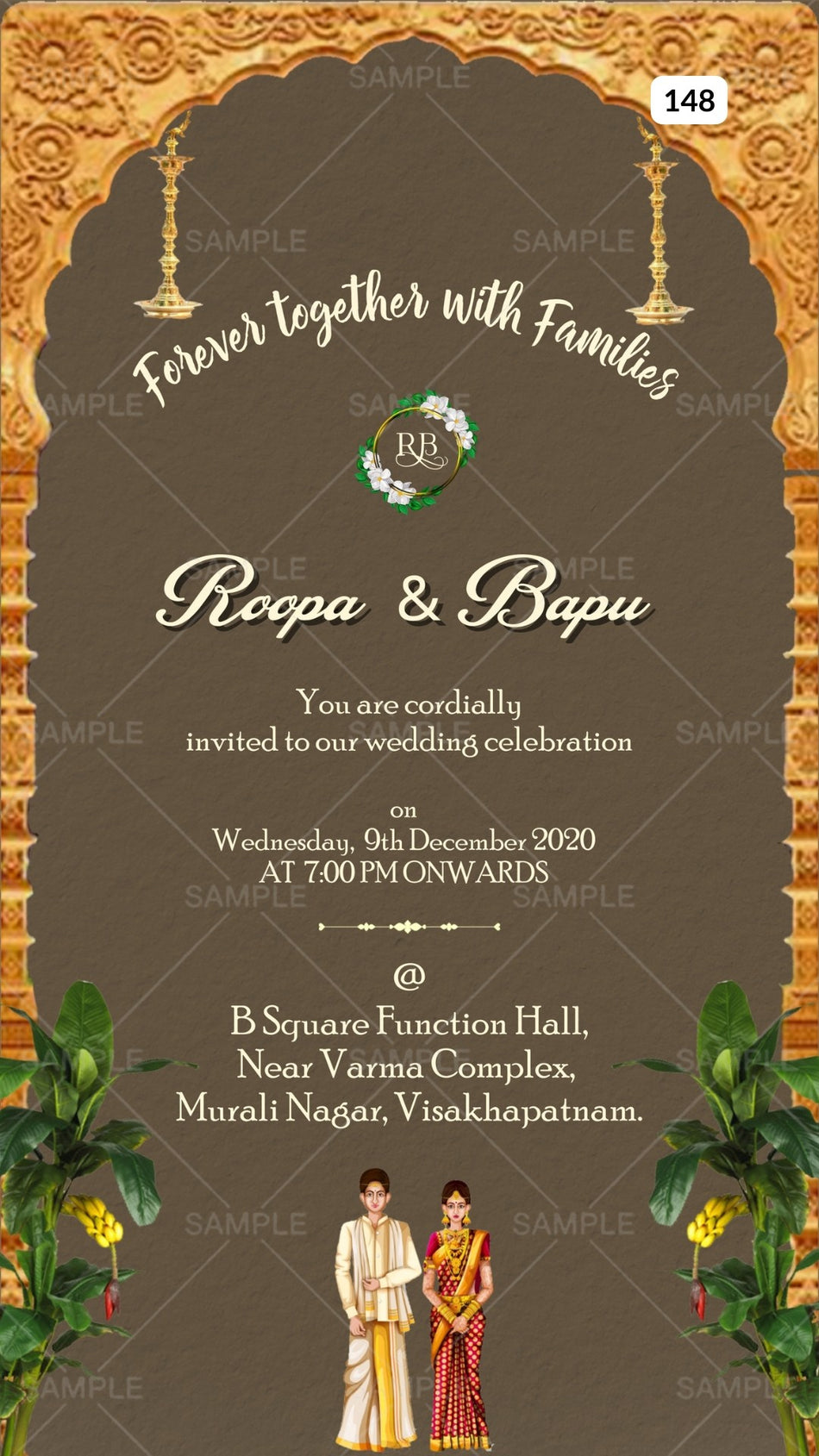 Wedding ceremony invitation card Canva Editable Template of hindu south indian telugu family in english language with Traditional gate theme design 148