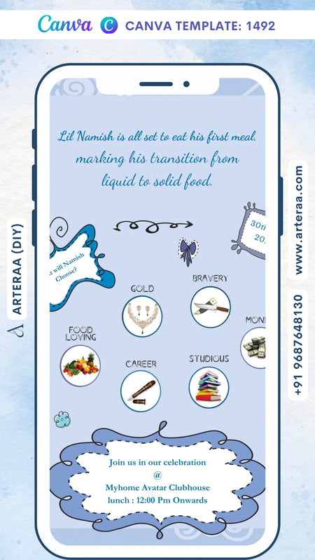 Chhathi ceremony invitation card Canva Editable Template for baby boy in english language with minimalistic theme design 1492
