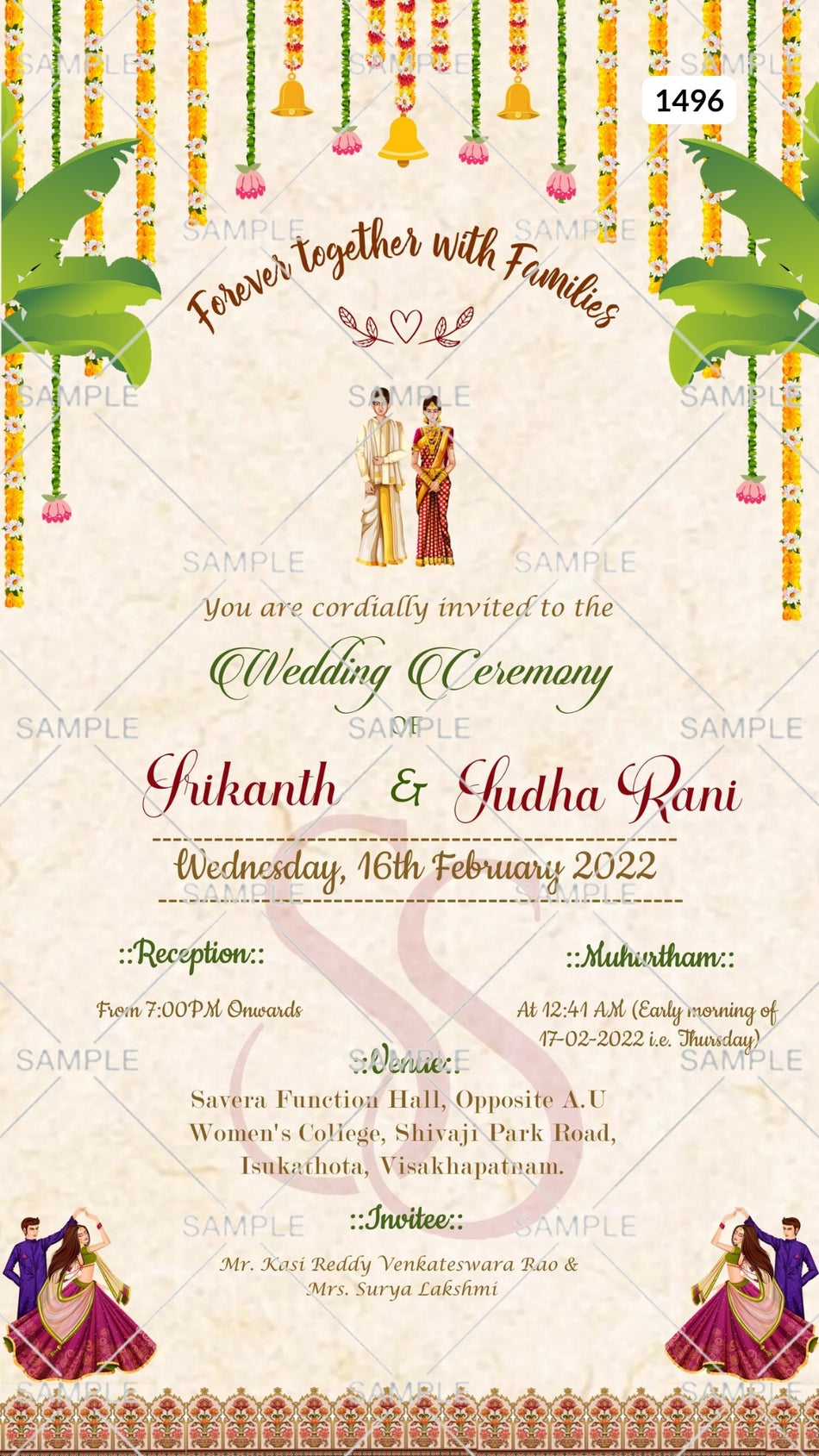 Wedding ceremony invitation card Canva Editable Template of hindu south indian telugu family in english language with traditional theme design 1496