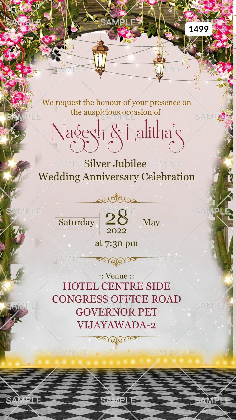 25th Wedding Anniversary invitation card Canva Editable Template in English language with flowers, lantern as gate theme design 1499