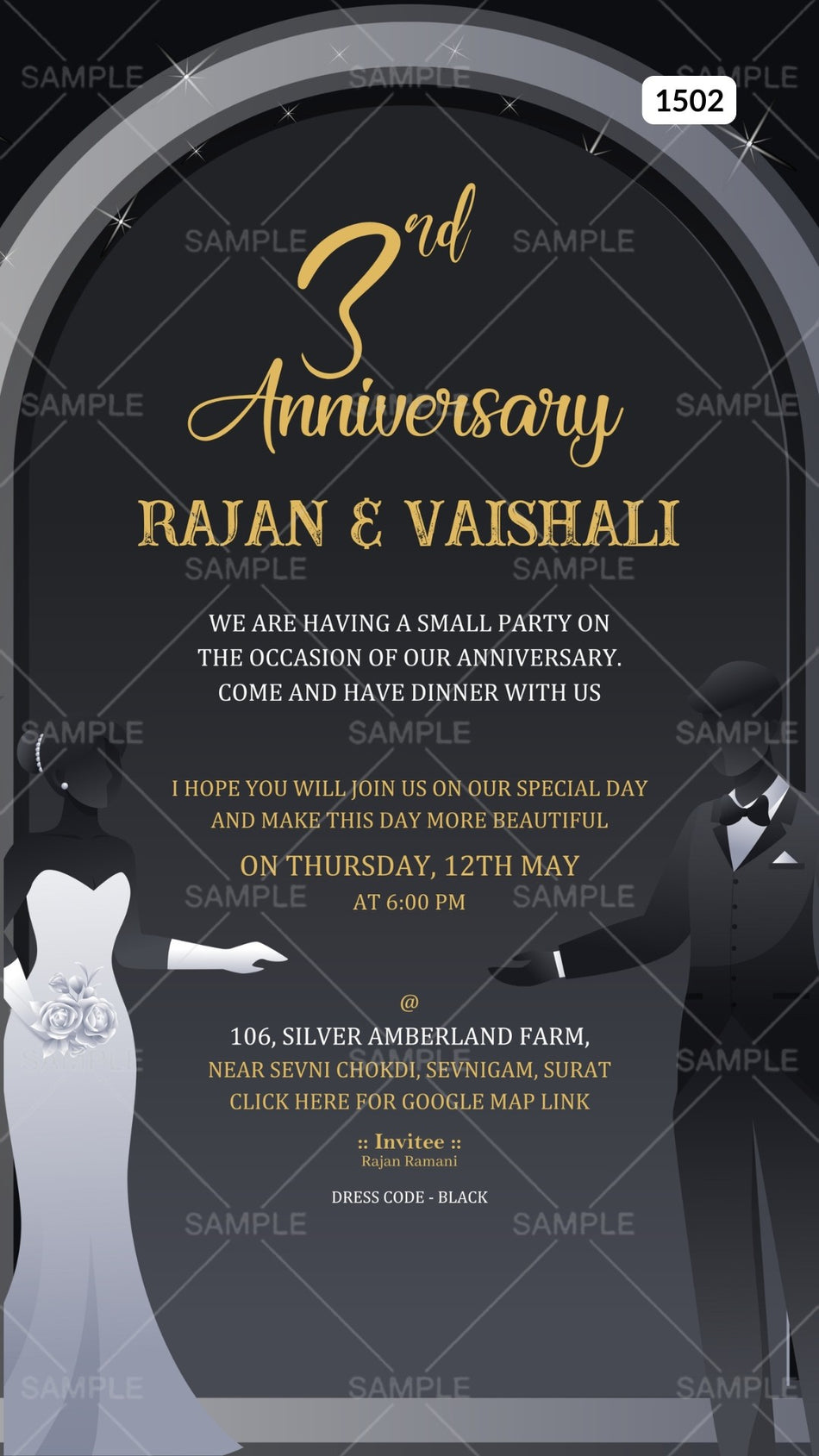 3rd Wedding Anniversary invitation card Canva Editable Template in English language with romantic couple doodle as gate theme design 1502