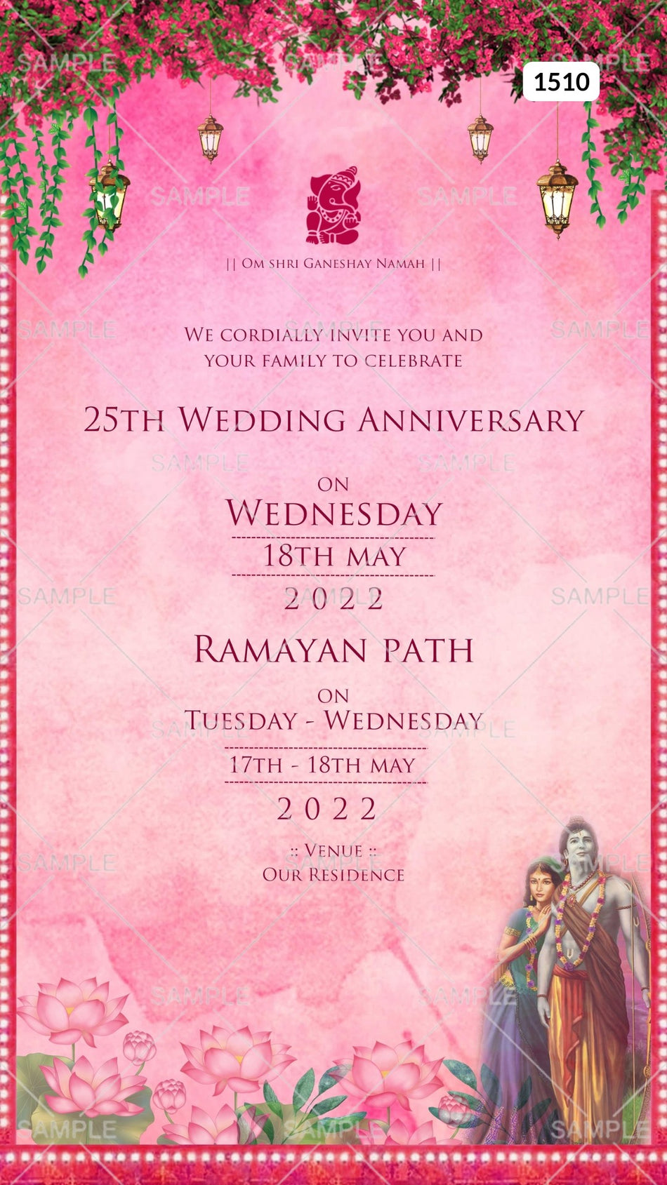 25th Wedding Anniversary invitation card Canva Editable Template in English language with flowers, leaves as radha krishna theme design 1510