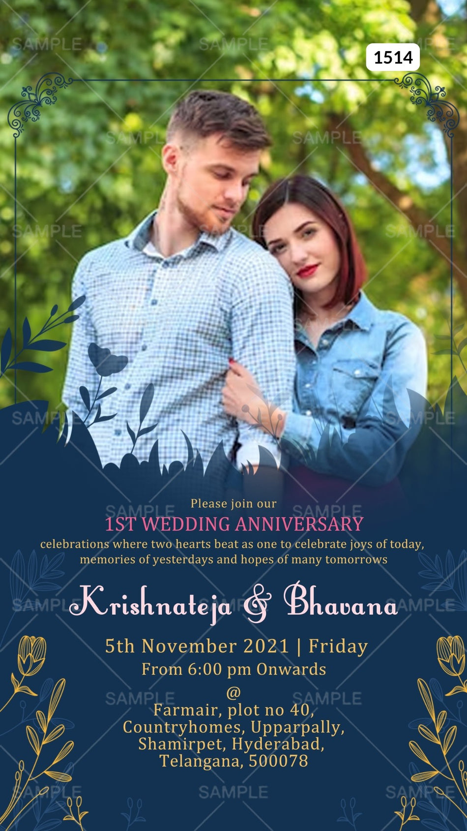 1st Wedding Anniversary invitation card Canva Editable Template in English language with couple photo, leaves as minimalistic theme design 1514
