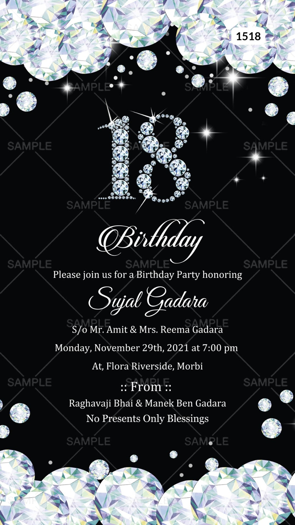 Birthday party invitation card Canva Editable Template in English language with Diamond theme design 1518