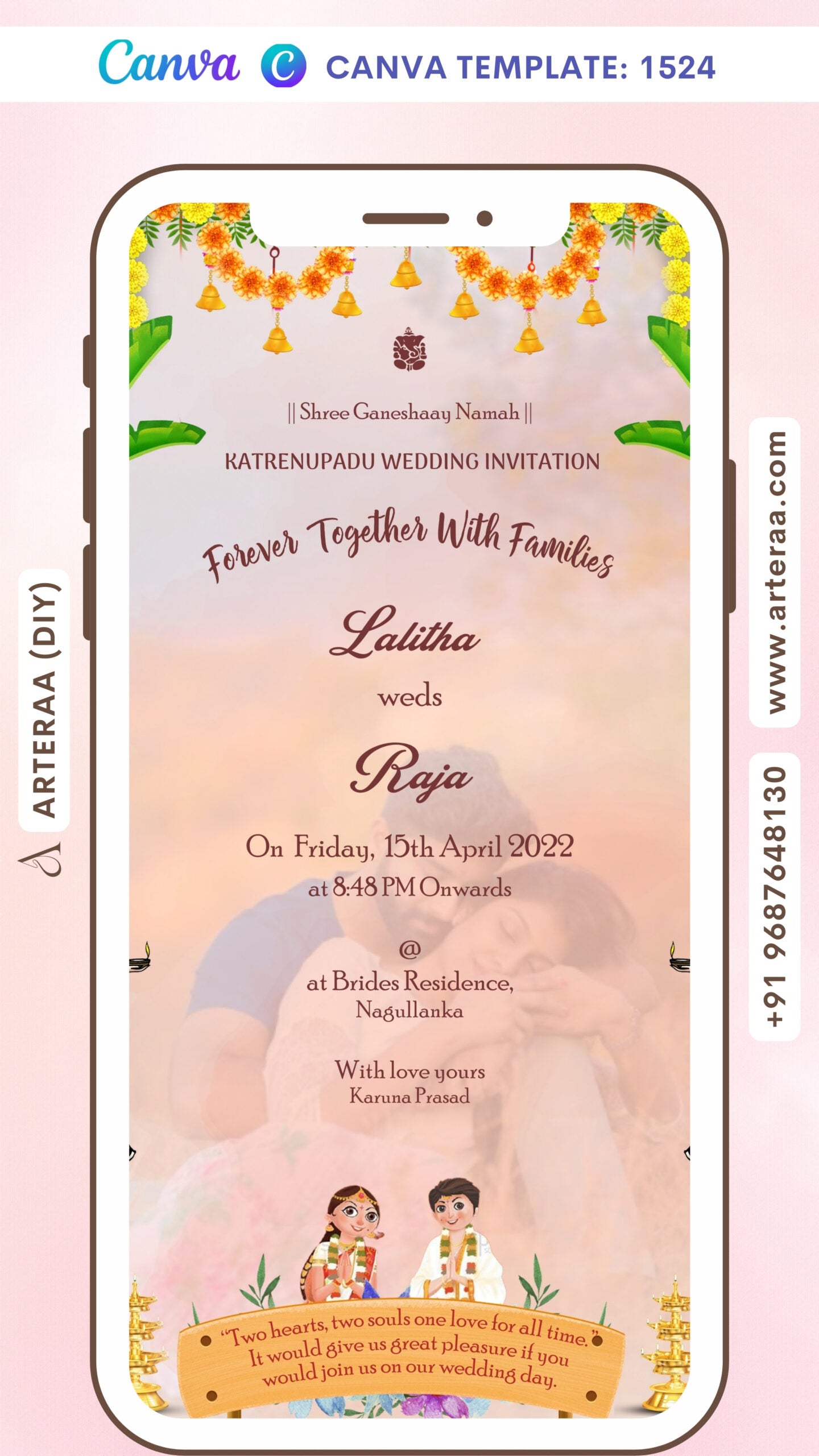 Wedding ceremony invitation card Canva Editable Template of hindu south indian telugu family in english language with traditional theme design 1524
