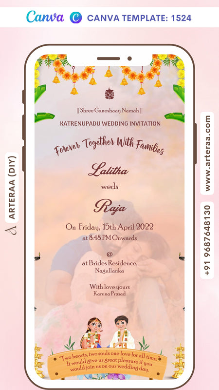 Wedding ceremony invitation card Canva Editable Template of hindu south indian telugu family in english language with traditional theme design 1524
