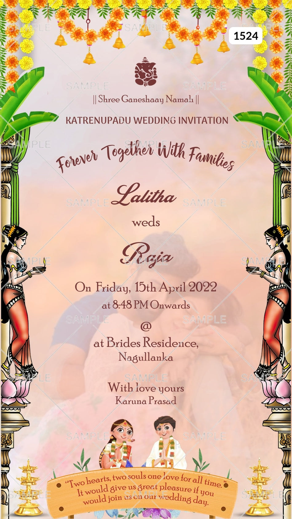 Wedding ceremony invitation card Canva Editable Template of hindu south indian telugu family in english language with  traditional theme design 1524