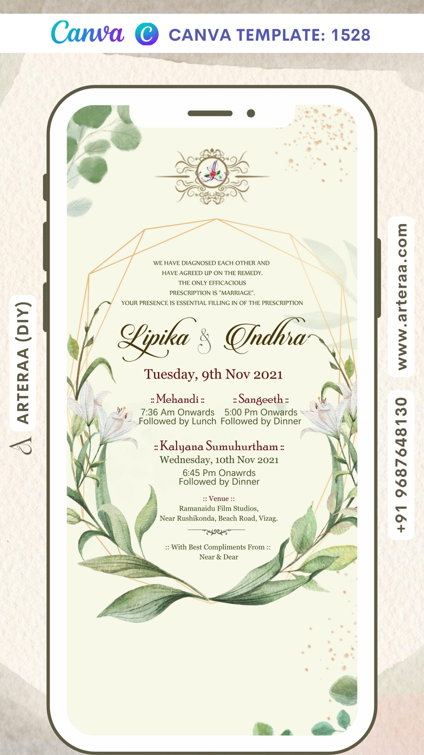 Wedding ceremony invitation card Canva Editable Template of hindu south indian telugu family in english language with artistic leaves theme design 1528