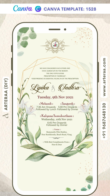 Wedding ceremony invitation card Canva Editable Template of hindu south indian telugu family in english language with artistic leaves theme design 1528