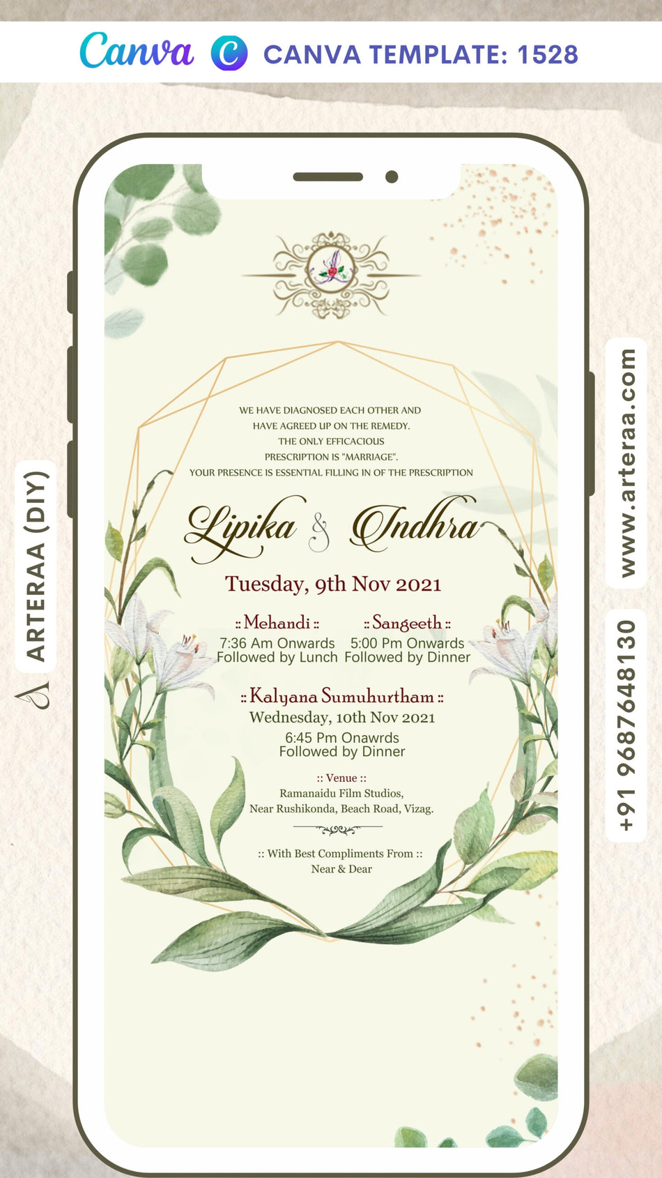 Wedding ceremony invitation card Canva Editable Template of hindu south indian telugu family in english language with artistic leaves theme design 1528