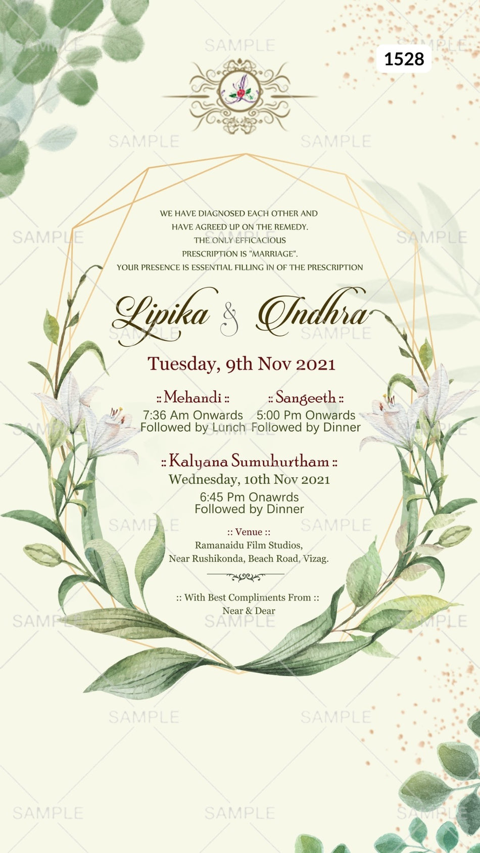 Wedding ceremony invitation card Canva Editable Template of hindu south indian telugu family in english language with  artistic leaves theme design 1528