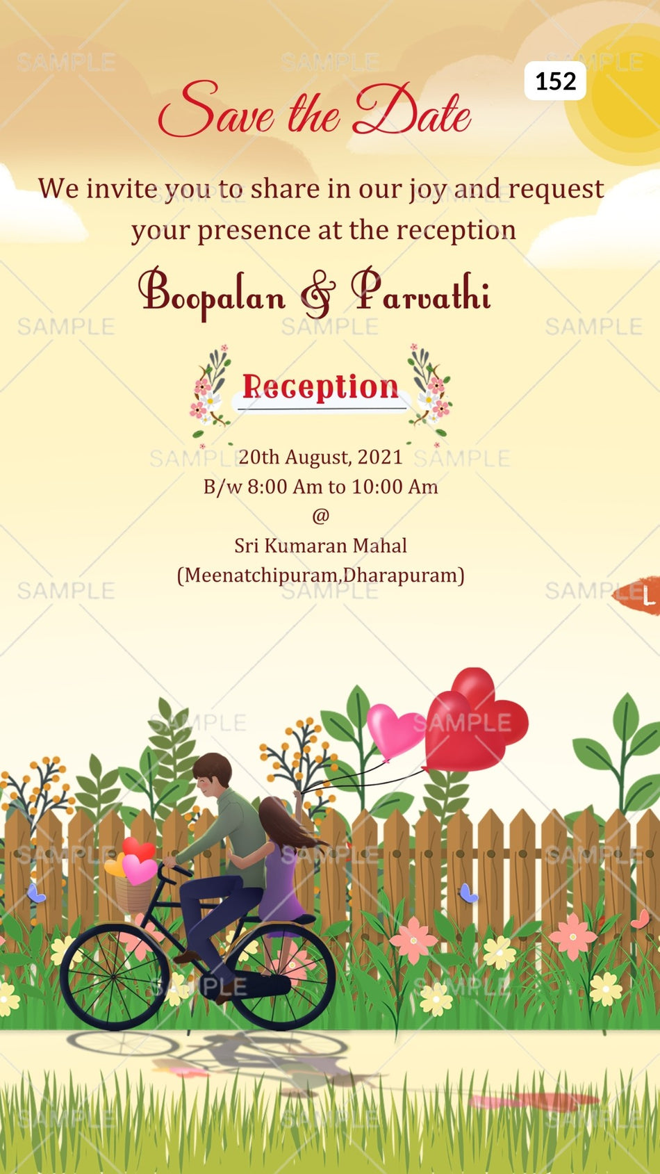 Reception Party invitation card Canva Editable Template in english language with romantic couple doodle, balloons as garden theme design 152