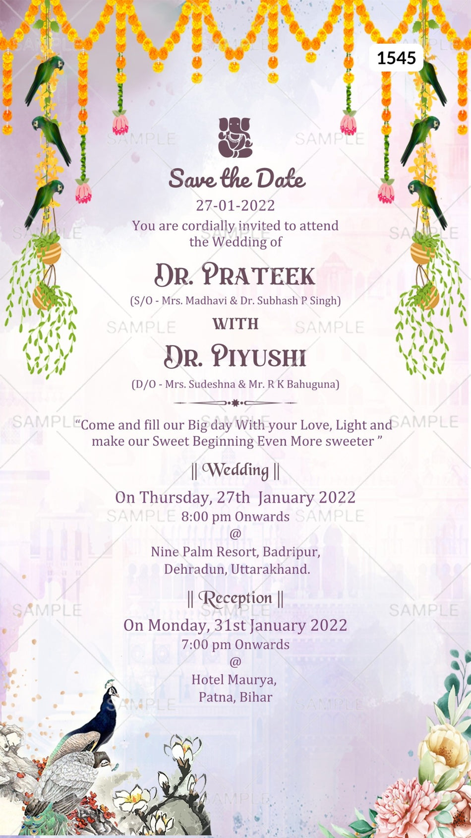 Wedding ceremony invitation card Canva Editable Template of hindu Bihari family in english language with floral theme design 1545