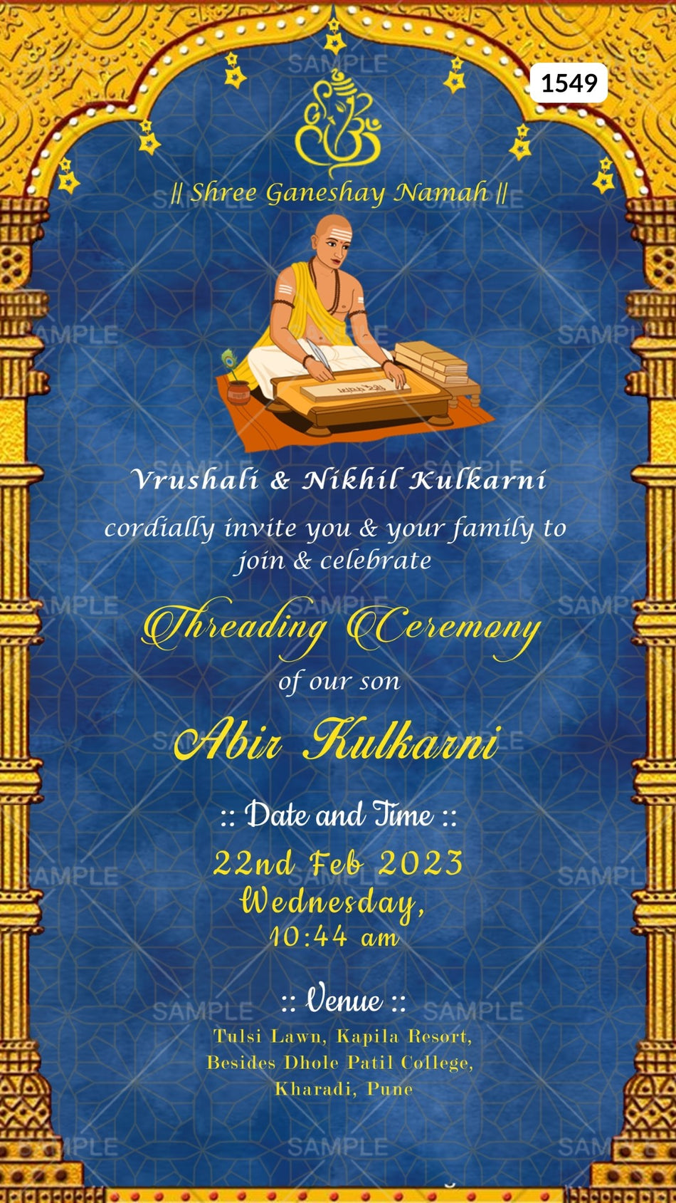 Thread ceremony invitation card Canva Editable Template in english language with doodle as arch theme design 1549