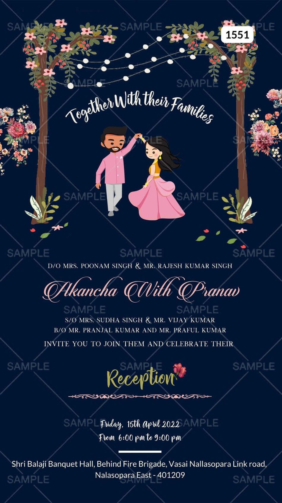 Reception Party invitation card Canva Editable Template in english language with couple doodle, string lights as minimalistic theme design 1551