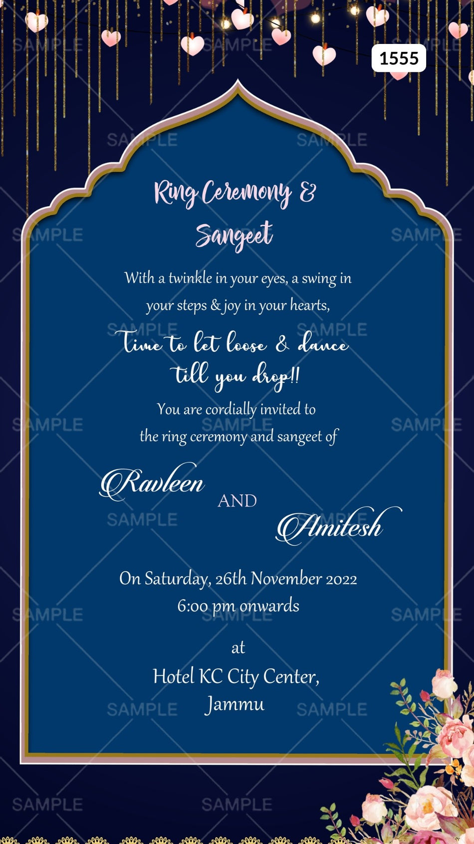 Engagement ceremony invitation card Canva Editable Template in english language with couple doodle, flowers as arch theme design 1555