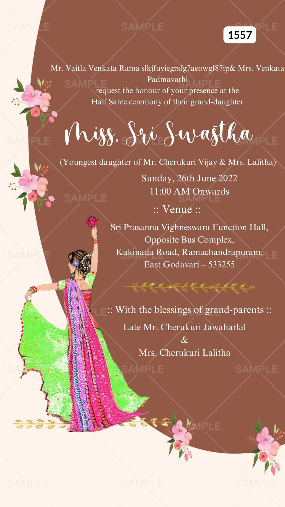 Half Saree ceremony invitation card Canva Editable Template in english language with western theme design 1557