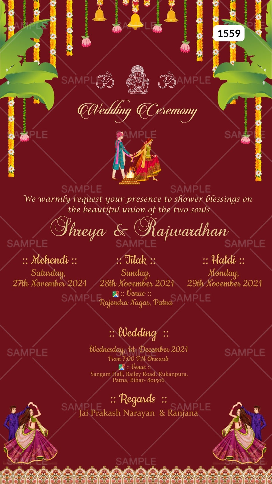 Wedding ceremony invitation card Canva Editable Template of hindu Bihari family in english language with traditional theme design 1559