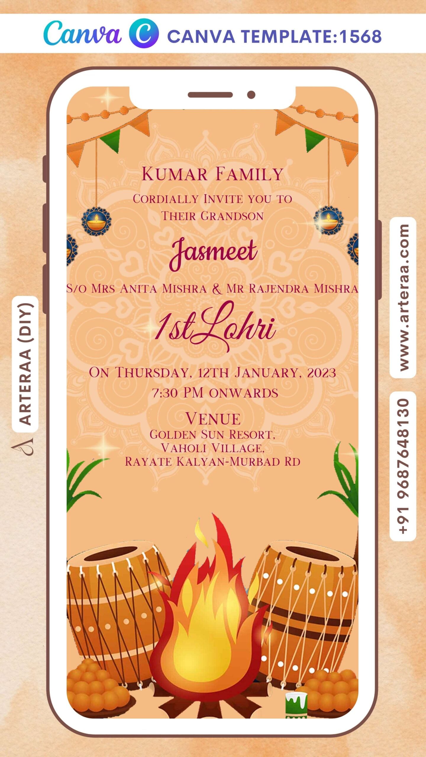 Lohri invitation Canva Editable video Template in english language with toran, diya, bonfire, kite, tabla, bonfire as mandala theme design 1568