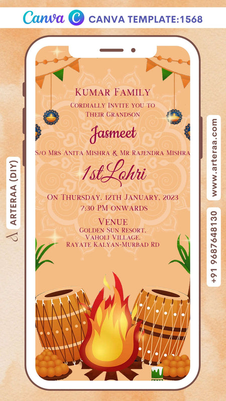 Lohri invitation Canva Editable video Template in english language with toran, diya, bonfire, kite, tabla, bonfire as mandala theme design 1568