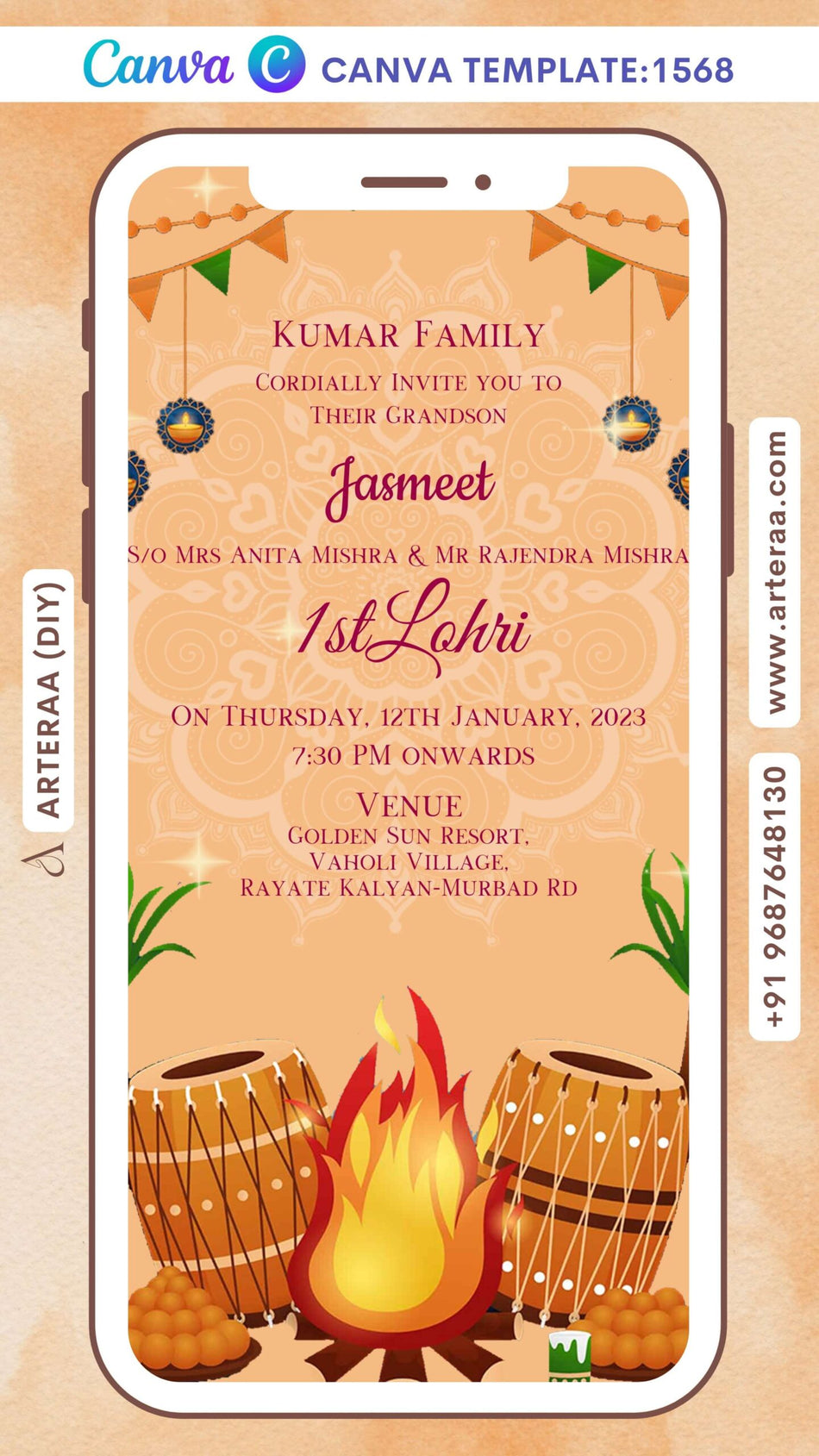 Lohri invitation Canva Editable video Template in english language with toran, diya, bonfire, kite, tabla, bonfire as mandala theme design 1568