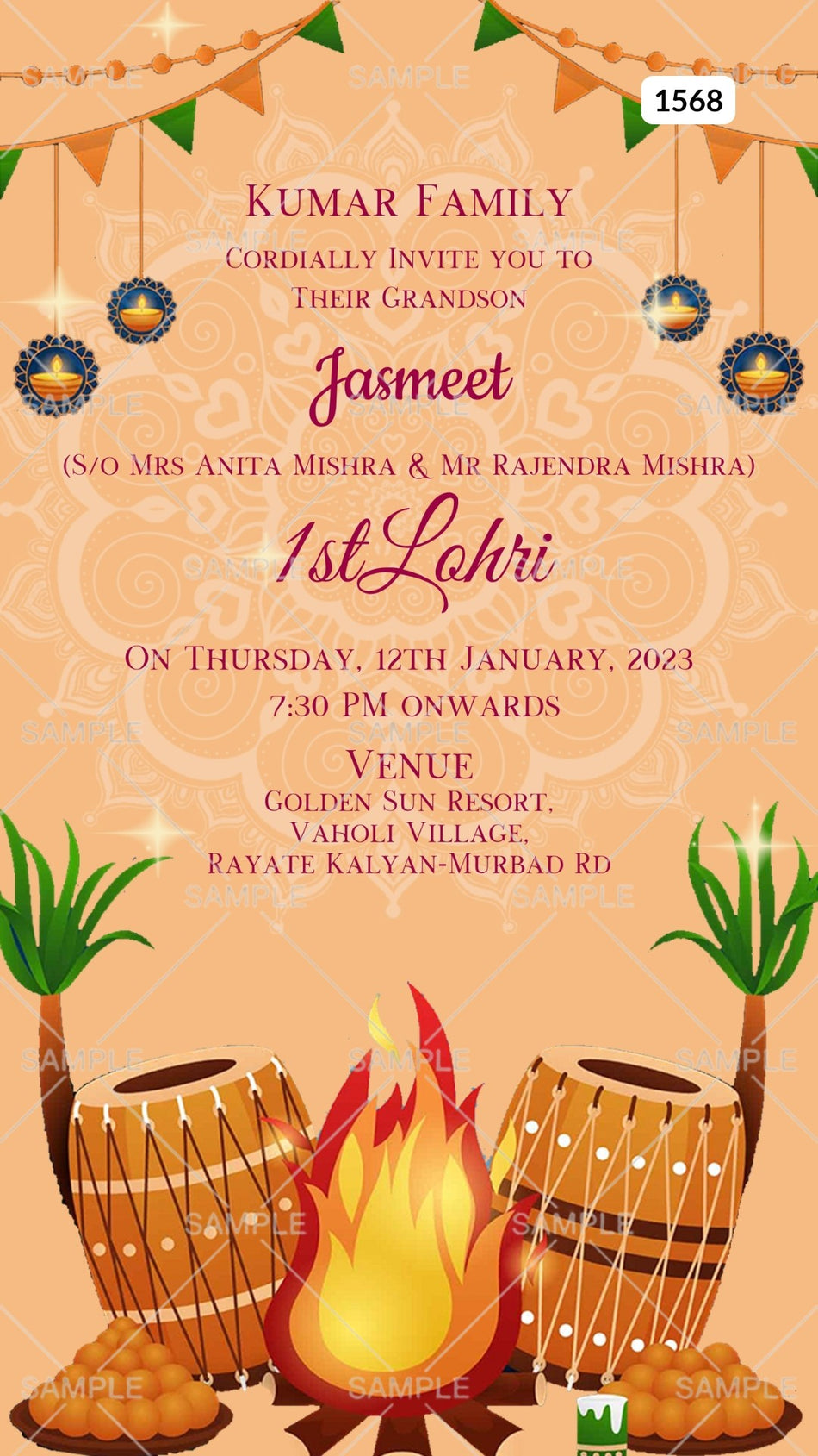 Lohri invitation card Canva Editable Template in english language with toran, diya, bonfire, kite, tabla, bonfire as mandala theme design 1568