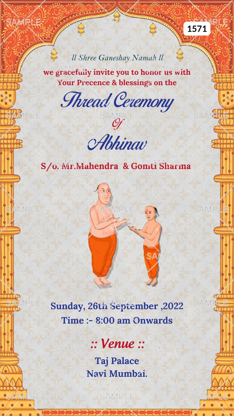 Thread ceremony invitation card Canva Editable Template in english language with doodle, arch as traditional theme design 1571