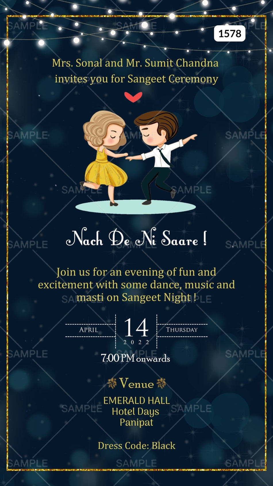 Sangeet Sandhya Ceremony invitation card Canva Editable Template in english language with string lights, couple doodle as glittery theme design 1578