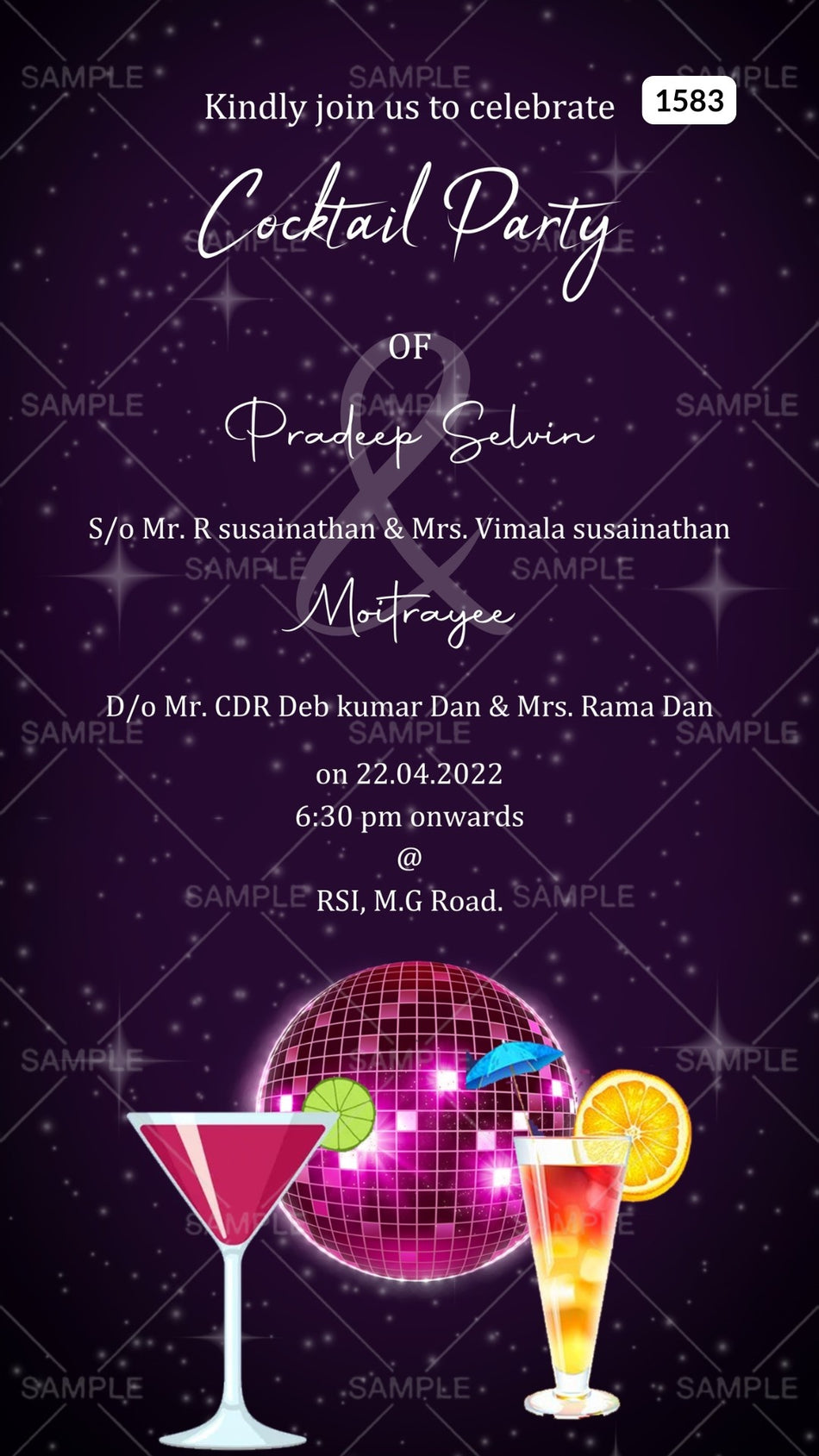 Cocktail Party invitation card Canva Editable Template in english language with  glitter theme design 1583