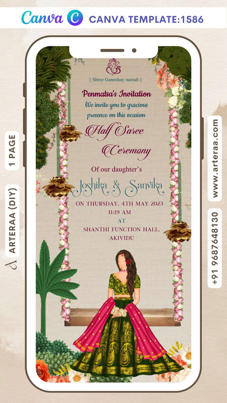half saree ceremony invitation Canva Editable video Template in english language with garden theme design 1586